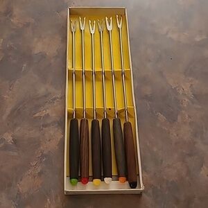 VINTAGE 1960s Mid Century Fondue Stainless Steel Fork Set, Wood Handles, Japan
